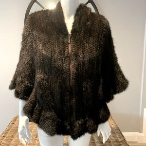 KNIT MINK PONCHO W/ HOOD AND ZIPPER